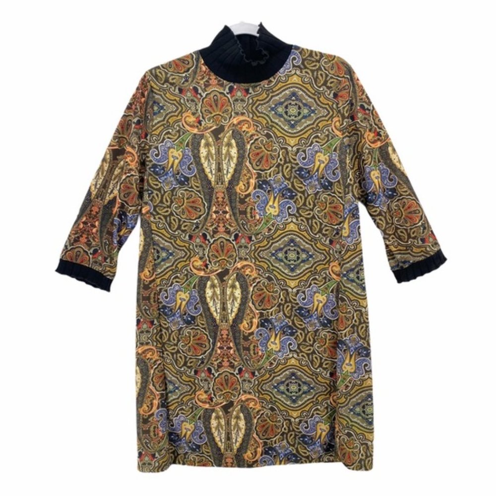 NWT ZARA PAISLEY MOCK NECK 70S SHIFTDRESS LARGE